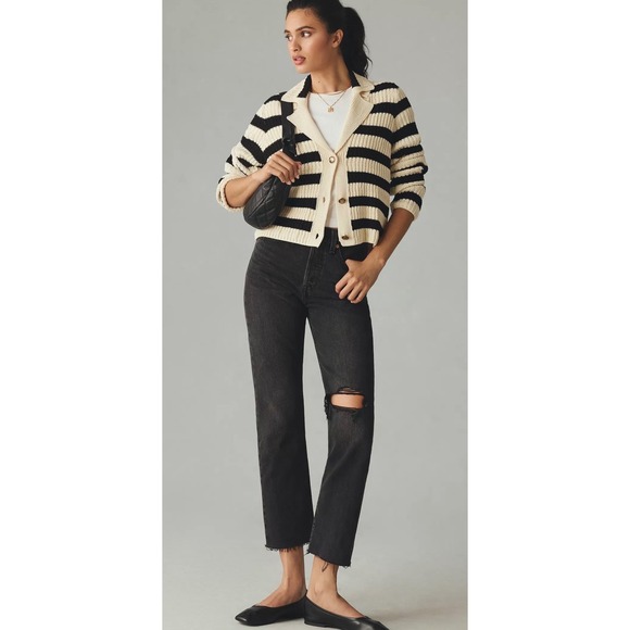 Anthropologie Maeve Striped Ribbed Cardigan Sweater Cream Black Gold Button S - Picture 3 of 5